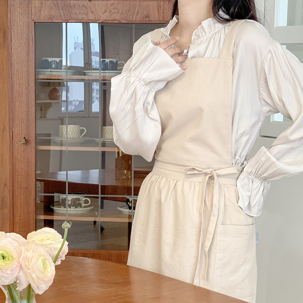 한스데이 플로리스트 카페 린넨 플라워 원피스 플레어 자수 앞치마