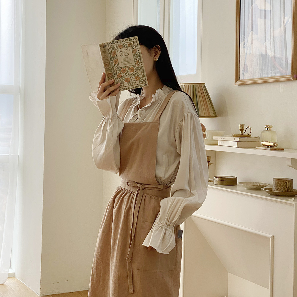 한스데이 플로리스트 카페 린넨 플라워 원피스 플레어 자수 앞치마