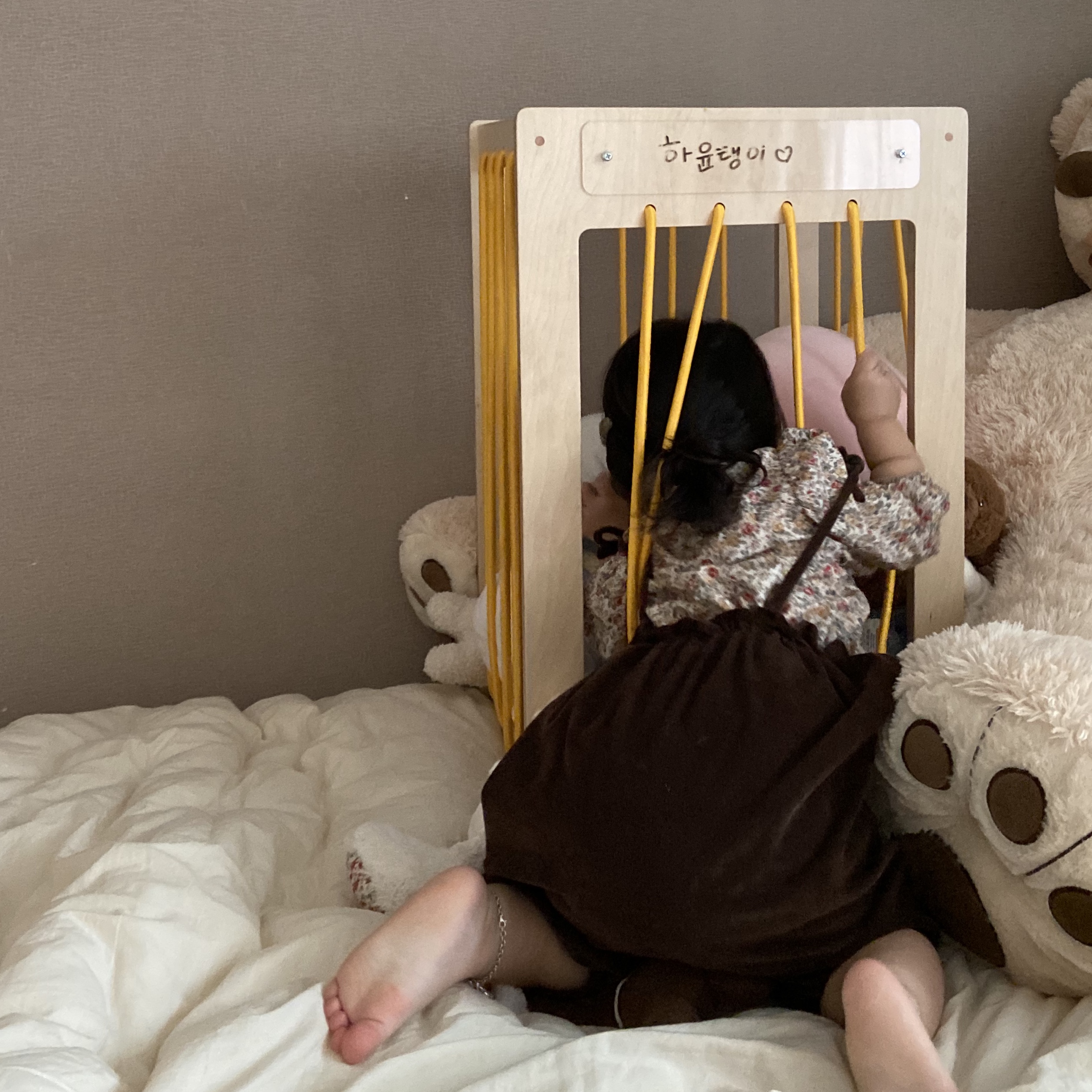 국내제작 친환경 라떼파파 인형보관함 유아 장난감정리 수납함 원목 자작, 로프옐로우 이미지 6