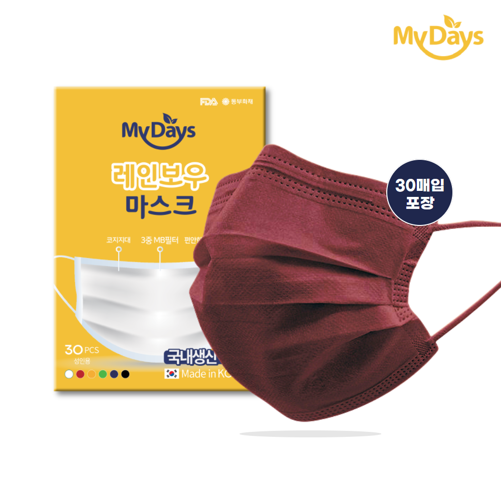 마이데이즈 국산 덴탈 일회용 컬러마스크 대형 보풀없는 MB필터 레인보우 색깔 무지개 색상 30매입 일괄포장