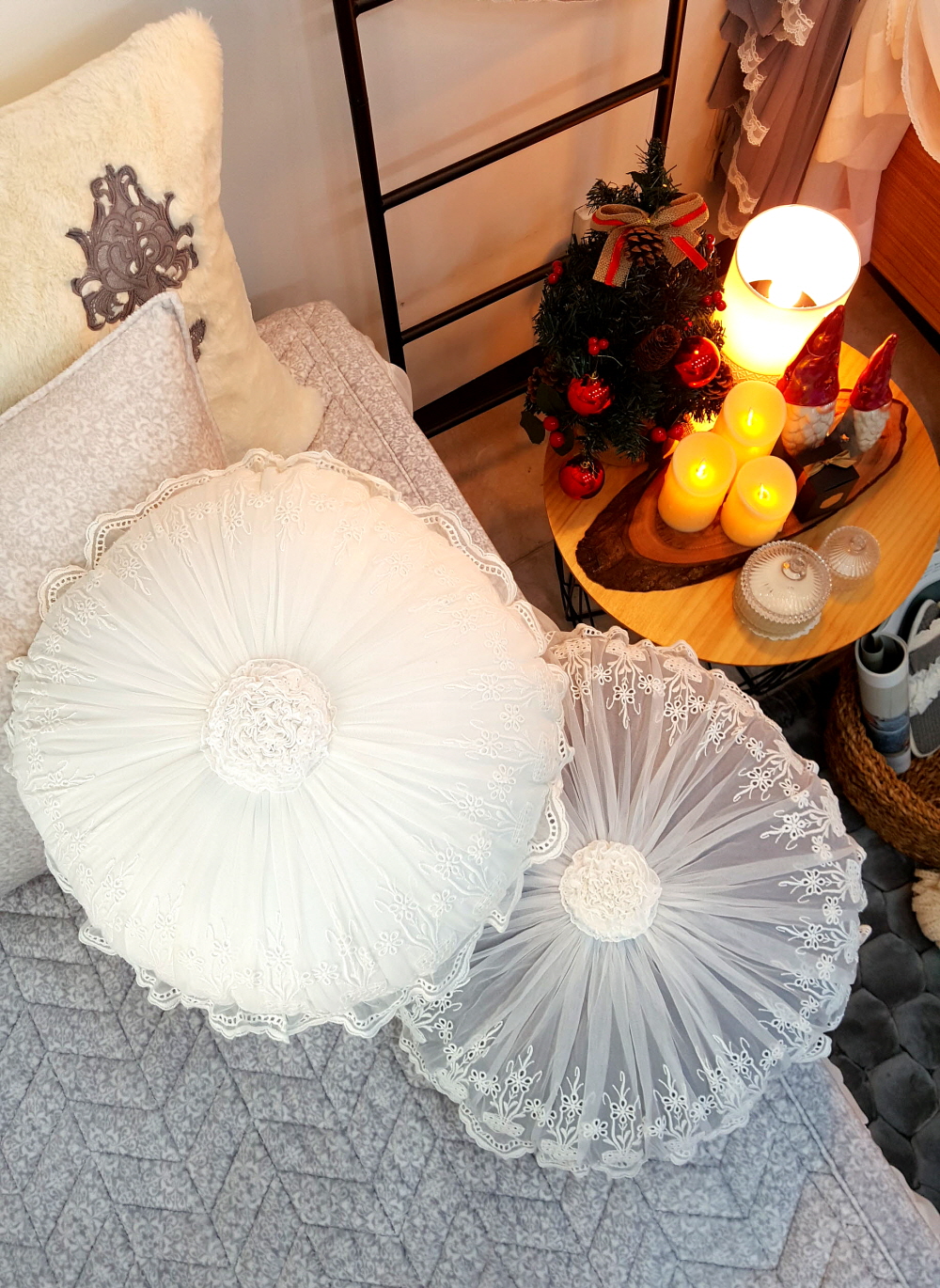 레이스 자수 원형쿠션커버 쇼파 쿠션커버 50