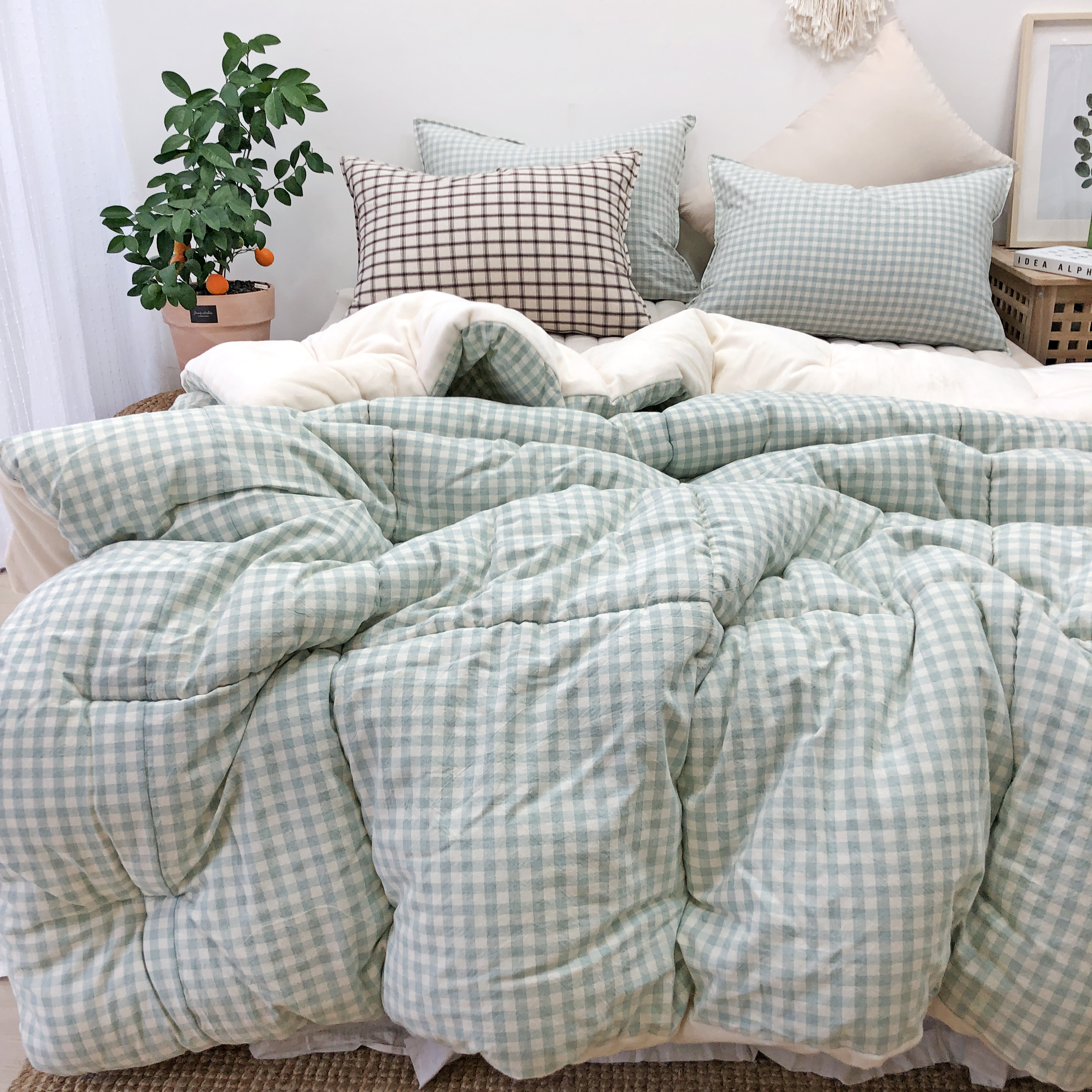 깅엄 체크 워싱 광목천 순면 극세사 겨울 알러지케어 차렵이불 베개세트 SS