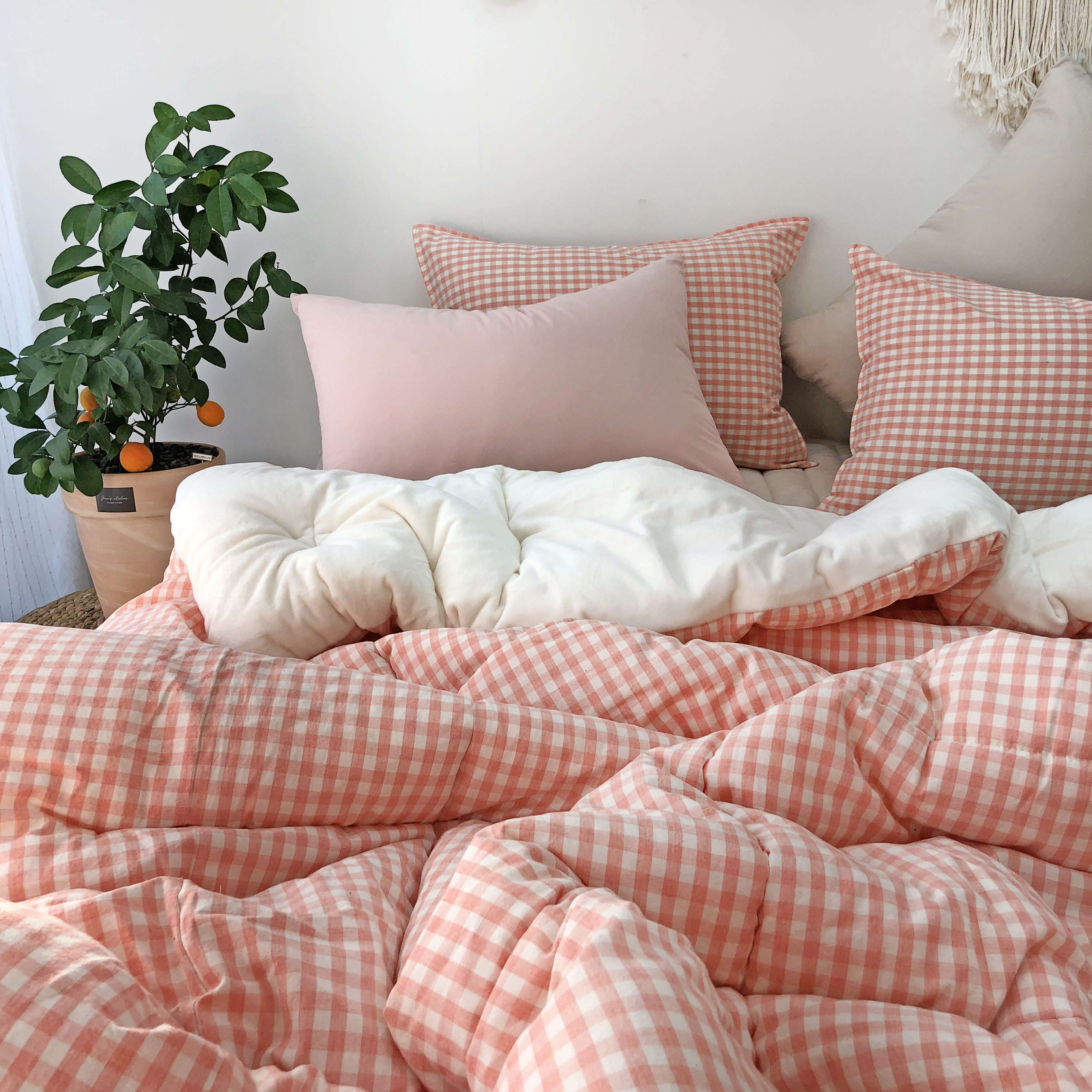 깅엄 체크 워싱 광목천 순면 극세사 겨울 알러지케어 차렵이불 베개세트 SS