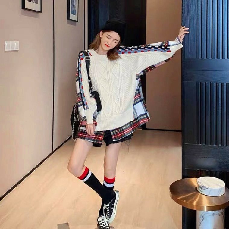 여자여자몰 앞면 꽈배기니트 뒷면 체크남방 배색 겨울 오버핏 울 모직셔츠 이미지 6