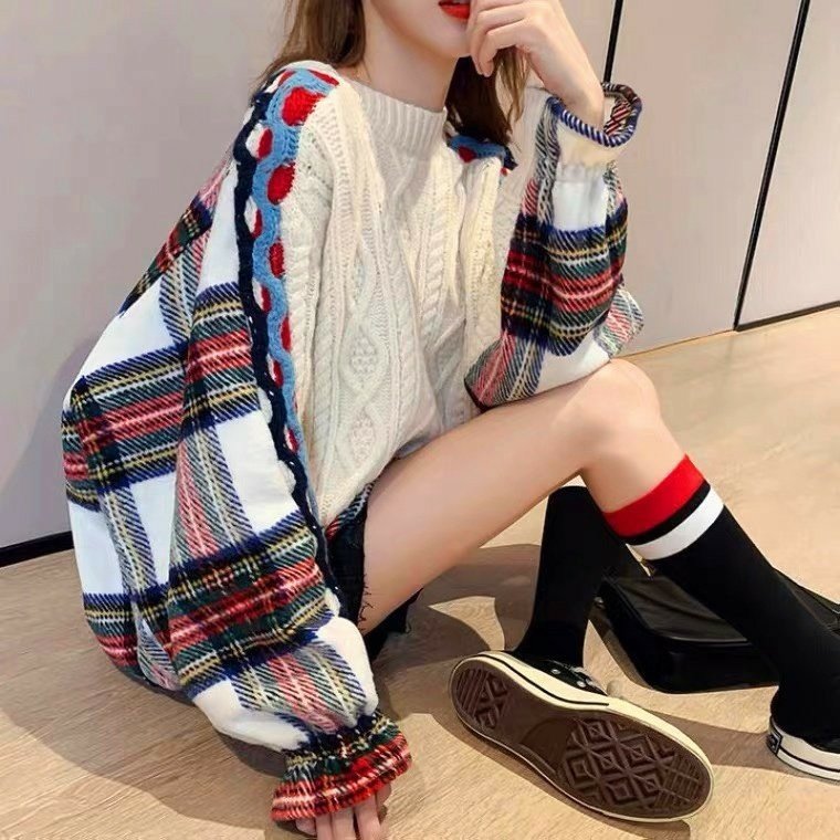 여자여자몰 앞면 꽈배기니트 뒷면 체크남방 배색 겨울 오버핏 울 모직셔츠 - 상세 이미지 5