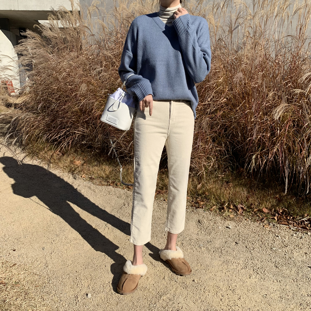 하이웨스트 밴딩 여자 코듀로이 팬츠 슬림핏 일자바지 골지 면바지 여성 가을 겨울팬츠 - 상세 이미지 5