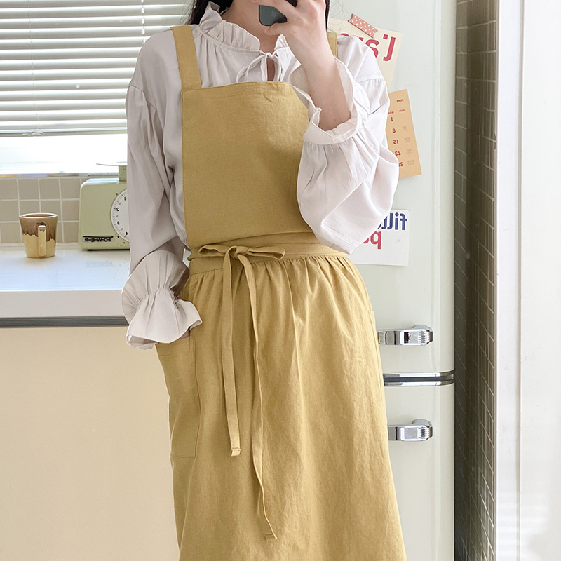 한스데이 플로리스트 카페 린넨 플라워 원피스 플레어 자수 앞치마