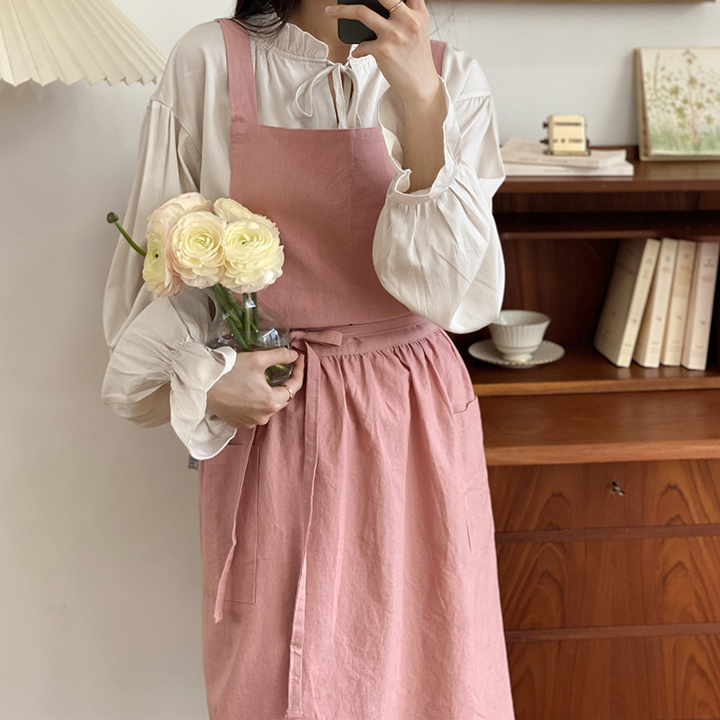 한스데이 플로리스트 카페 린넨 플라워 원피스 플레어 자수 앞치마