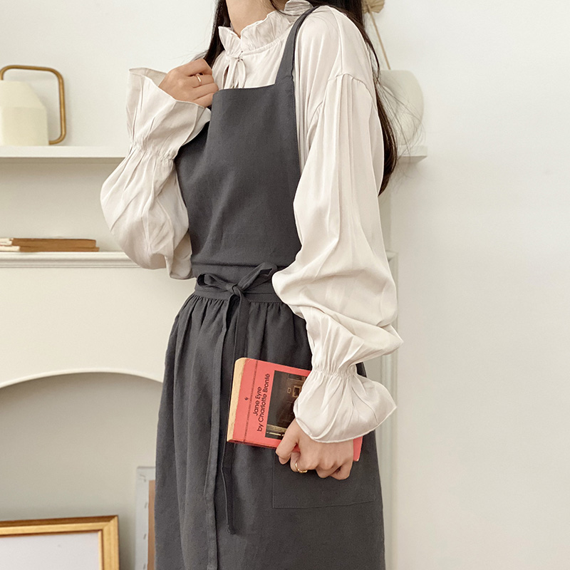 한스데이 플로리스트 카페 린넨 플라워 원피스 플레어 자수 앞치마