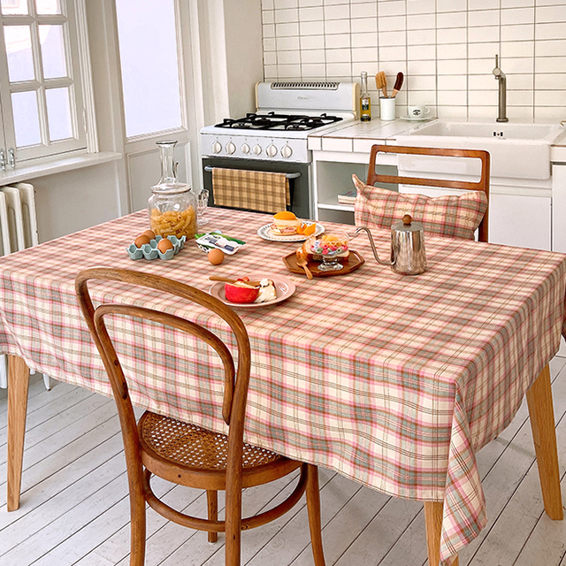 온더 체크 식탁보 테이블보 면 책상 협탁 사각 카페 홈파티 집들이 캠핑 핑크 95X110