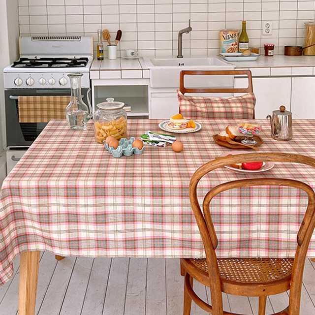 온더 체크 식탁보 테이블보 면 책상 협탁 사각 카페 홈파티 집들이 캠핑 핑크 95X110