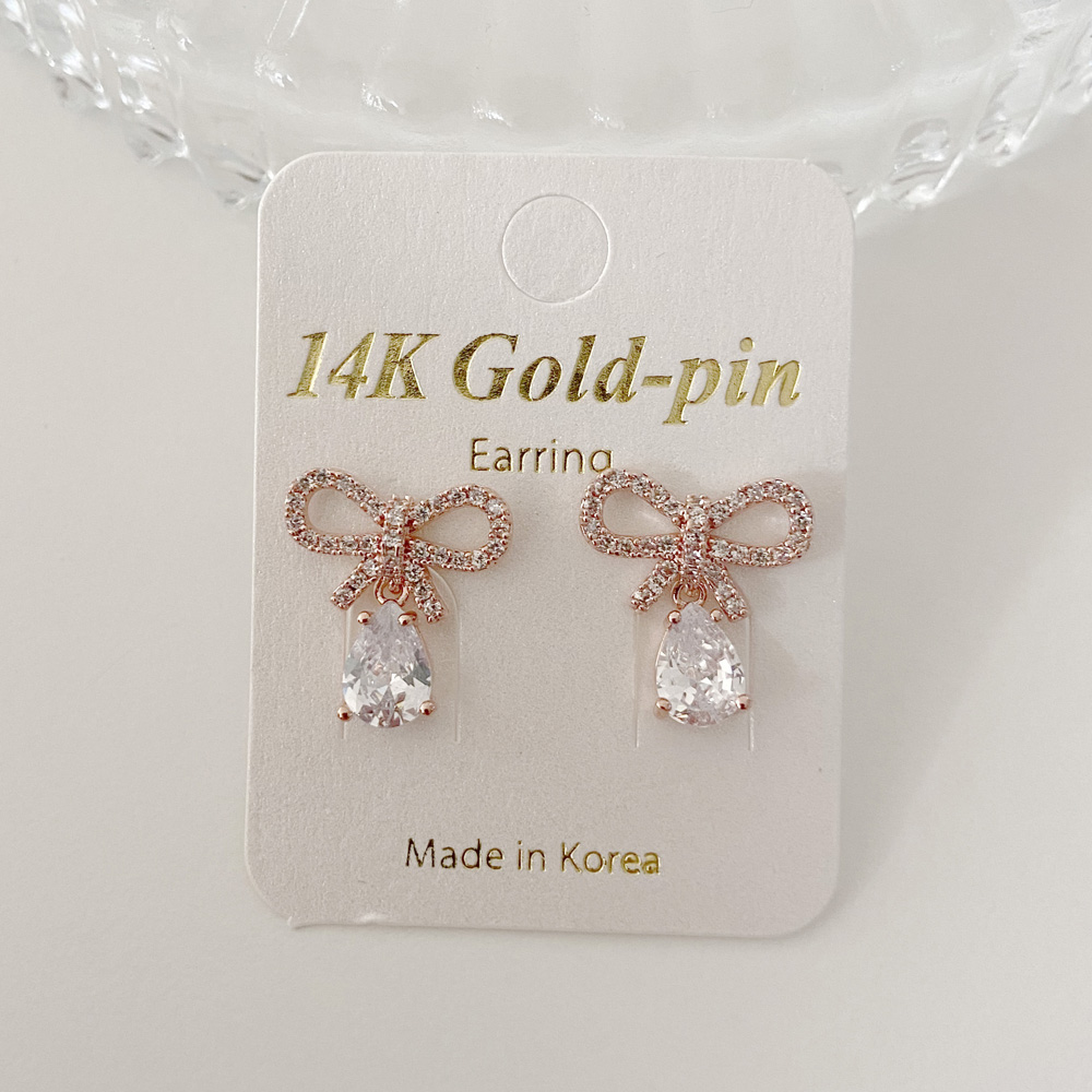 14K 금침 예쁜 리본 물방울 여자친구선물 큐빅 딸랑이 무알러지 데일리 골드핀 귀걸이 - 상세 이미지 2