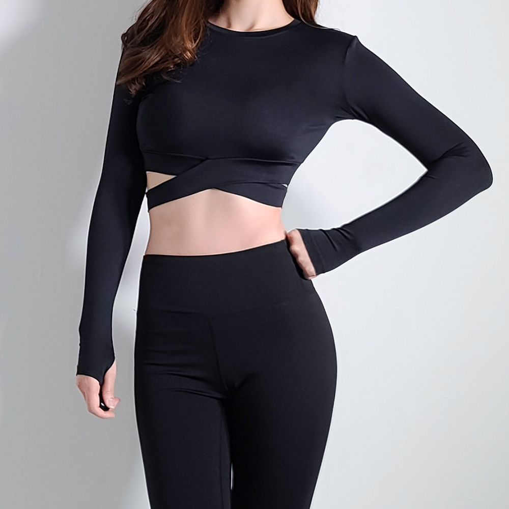 핑거홀 필라테스커버업 플라잉요가 크롭티 필라테스옷 복장 랩 상의탑 긴팔 운동복티셔츠 겨울 이미지 8