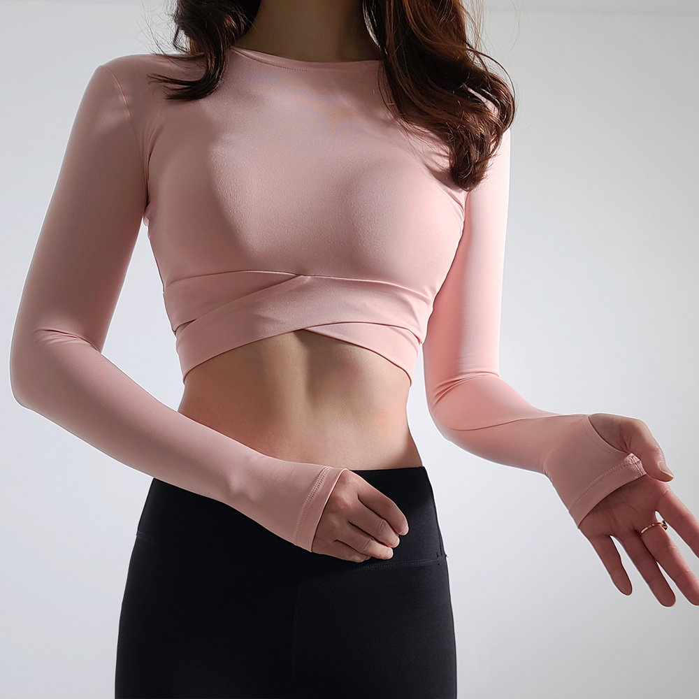 핑거홀 필라테스커버업 플라잉요가 크롭티 필라테스옷 복장 랩 상의탑 긴팔 운동복티셔츠 겨울 - 상세 이미지 5