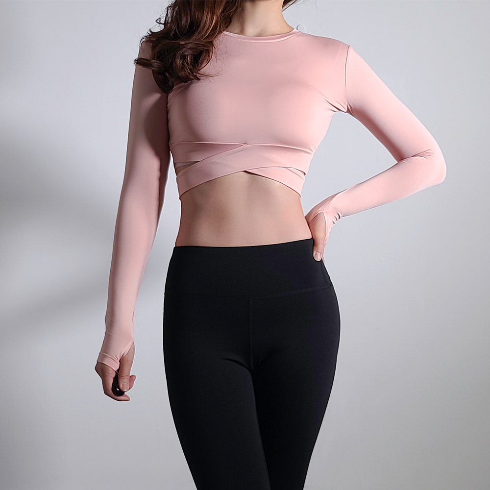 핑거홀 필라테스커버업 플라잉요가 크롭티 필라테스옷 복장 랩 상의탑 긴팔 운동복티셔츠 겨울 - 상세 이미지 2