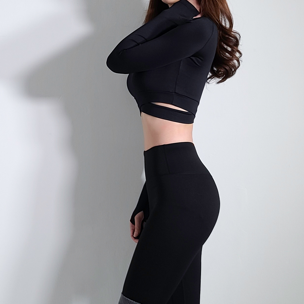 핑거홀 필라테스커버업 플라잉요가 크롭티 필라테스옷 복장 랩 상의탑 긴팔 운동복티셔츠 겨울 - 상세 이미지 4