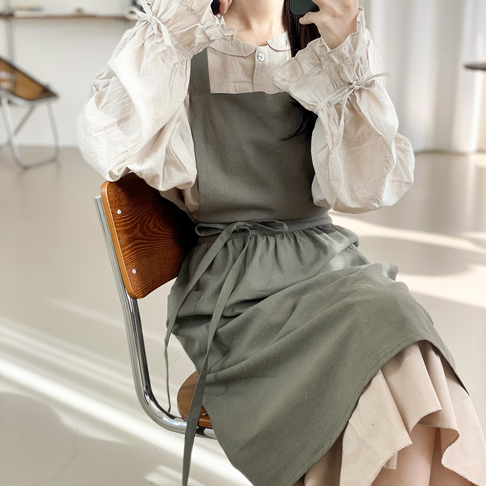 한스데이 플로리스트 카페 린넨 플라워 원피스 플레어 자수 앞치마