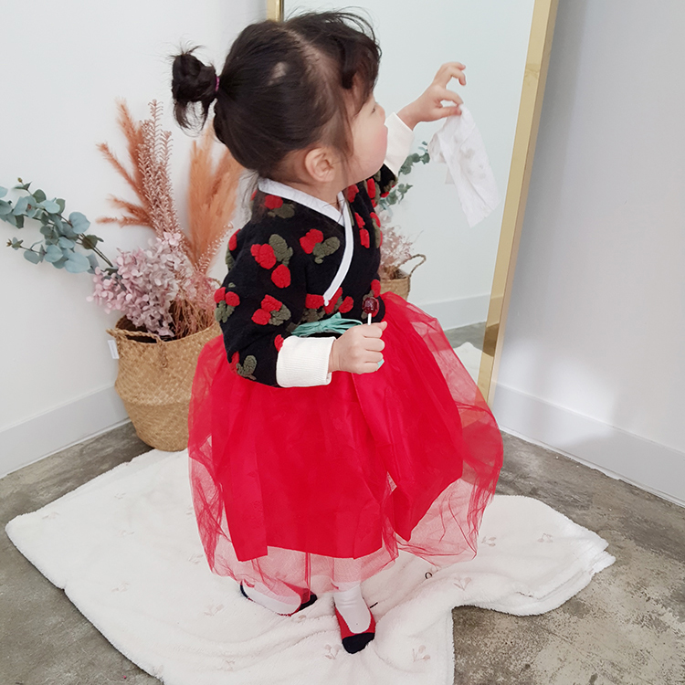 더수 여아 한복 뽀글이 앵두 철릭원피스 - 상품 이미지