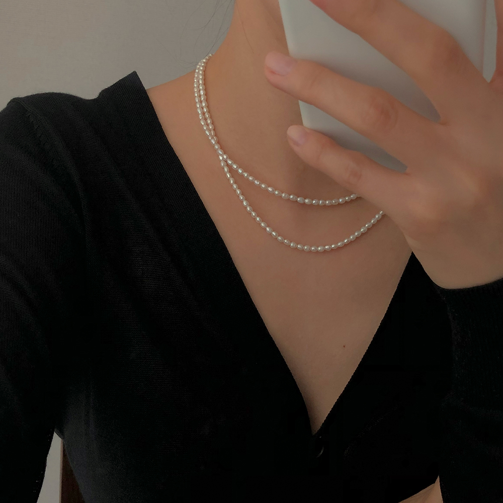 14K 18K 블로랑 천연 담수진주 3mm 4mm 밥풀 쌀알 여름 코디 웨딩 결혼식 목걸이 이미지 4