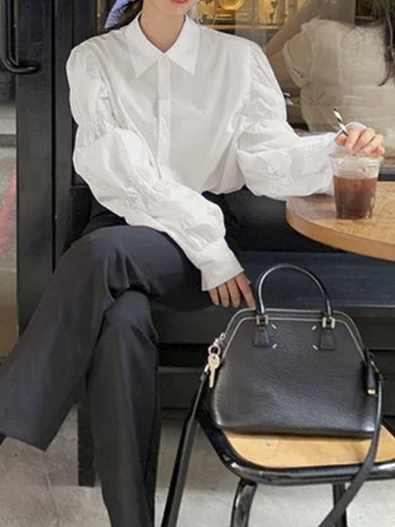 소매 이중볼륨 넥카라 화이트 긴팔블라우스 코튼 오피스셔츠 정장 간지핏 이미지 3
