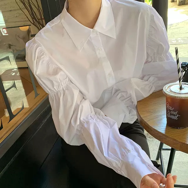 소매 이중볼륨 넥카라 화이트 긴팔블라우스 코튼 오피스셔츠 정장 간지핏 이미지 2