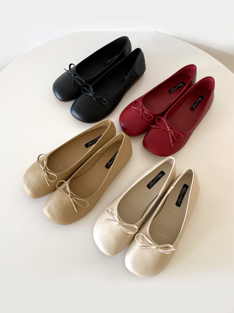 발편한플랫 리본 여성플랫슈즈 둥근코 쿠션 가죽 단화