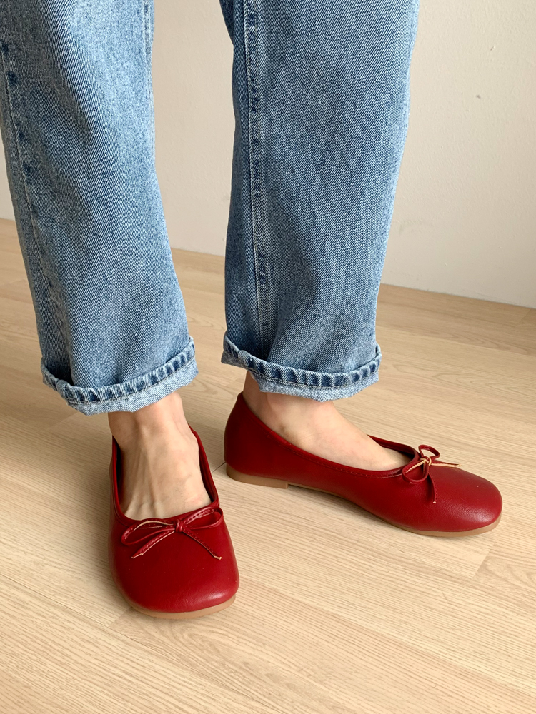 발편한플랫 리본 여성플랫슈즈 둥근코 쿠션 가죽 단화