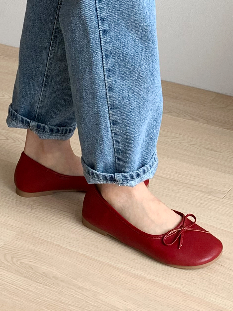발편한플랫 리본 여성플랫슈즈 둥근코 쿠션 가죽 단화