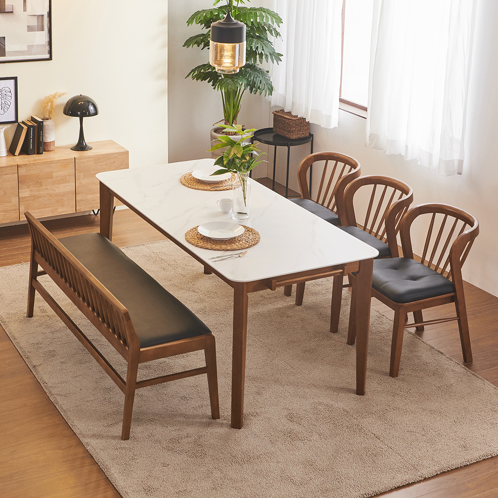 조슈아 1750 6인용 포세린 원목 통 세라믹 식탁 테이블 세트 등받이벤치B 벤치1 의자3