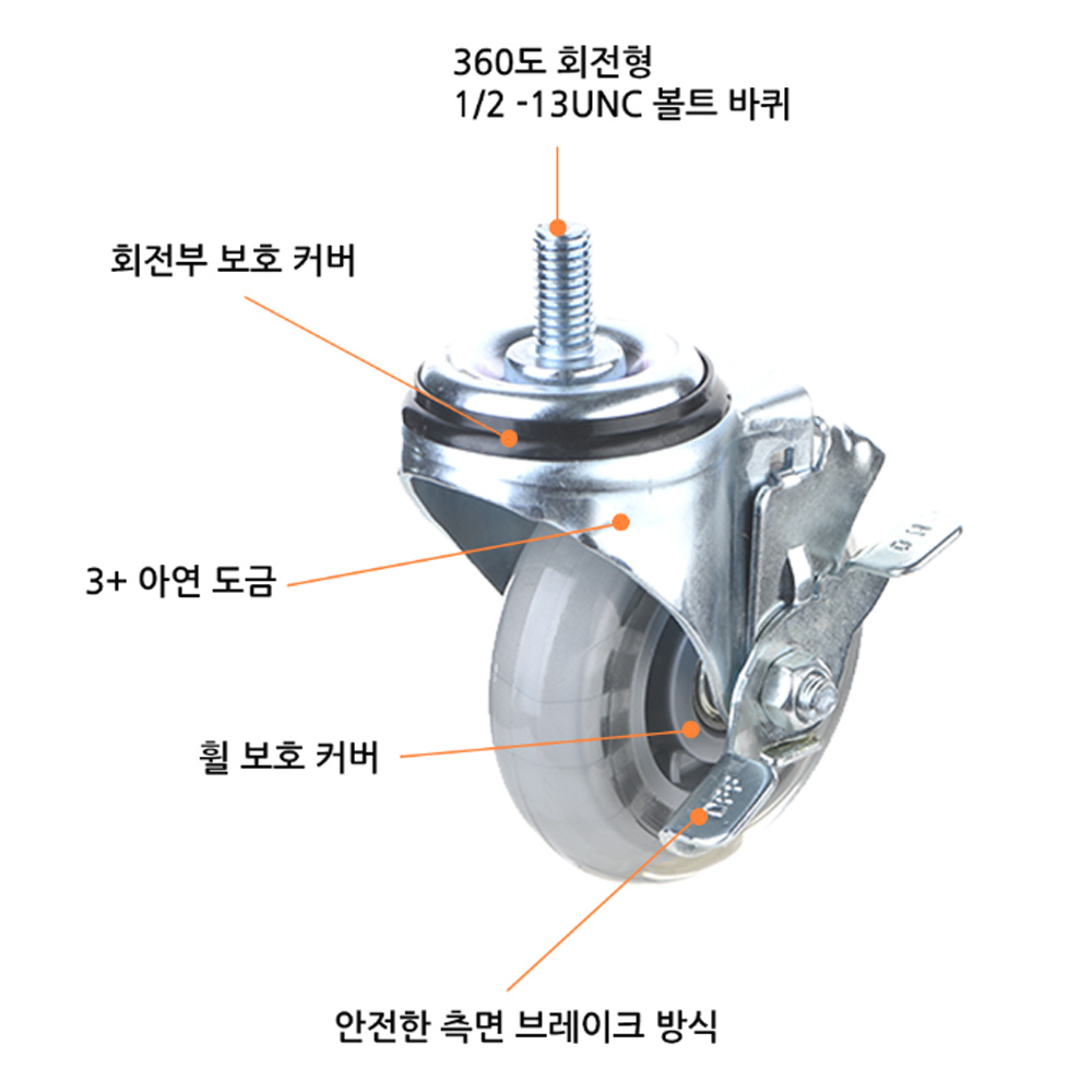 티렉스 저소음 캐스터 볼트 바퀴 78mm 회전 우레탄 (T503S-2DB) 4개 - 상세 이미지 2