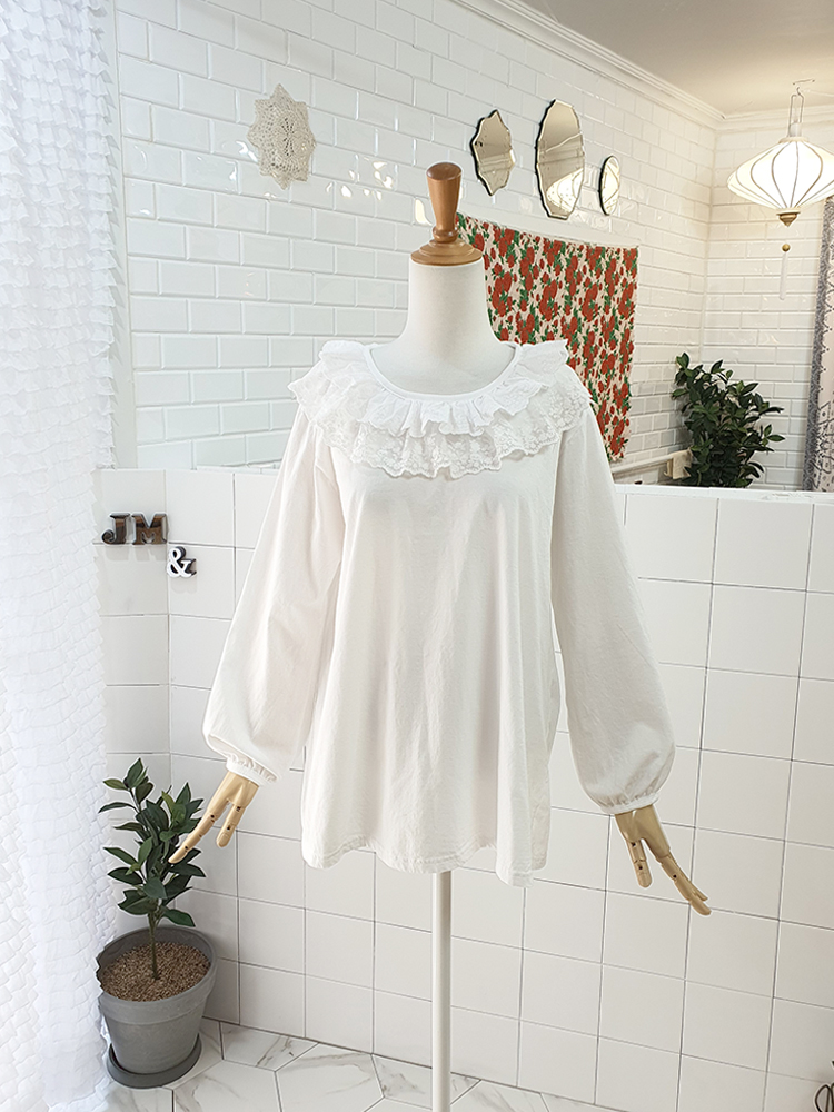 프릴 레이스 라운드 흰 면 티셔츠