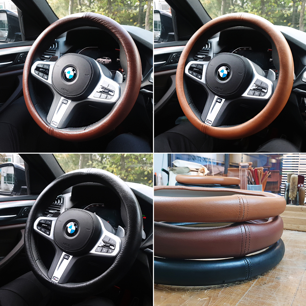 핸드메이드 천연 가죽 핸들커버 벤츠 BMW 제네시스 원형 미끄럼방지 - 상품 이미지