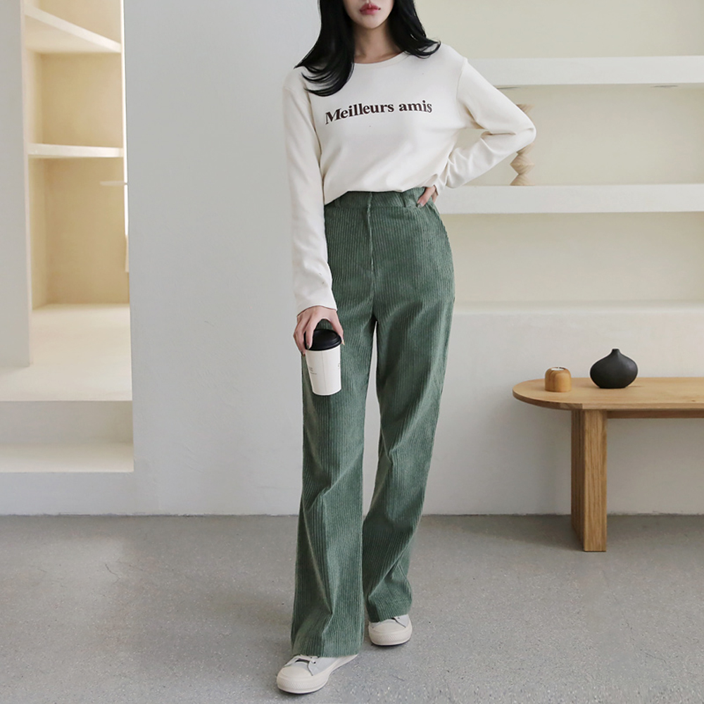 하이웨스트 코듀로이 팬츠 코튼 통바지 여성와이드슬랙스 세미 와이드팬츠 여자 가을 겨울바지 - 상세 이미지 5