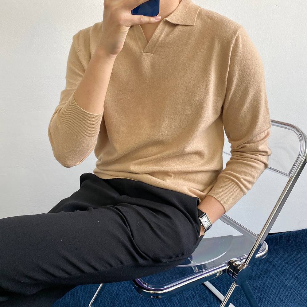 남자 캐시미어 오픈카라 니트 카라티 머스타드 겨자색 아이보리 오트밀 크림색 베이지 갈색 이미지 6