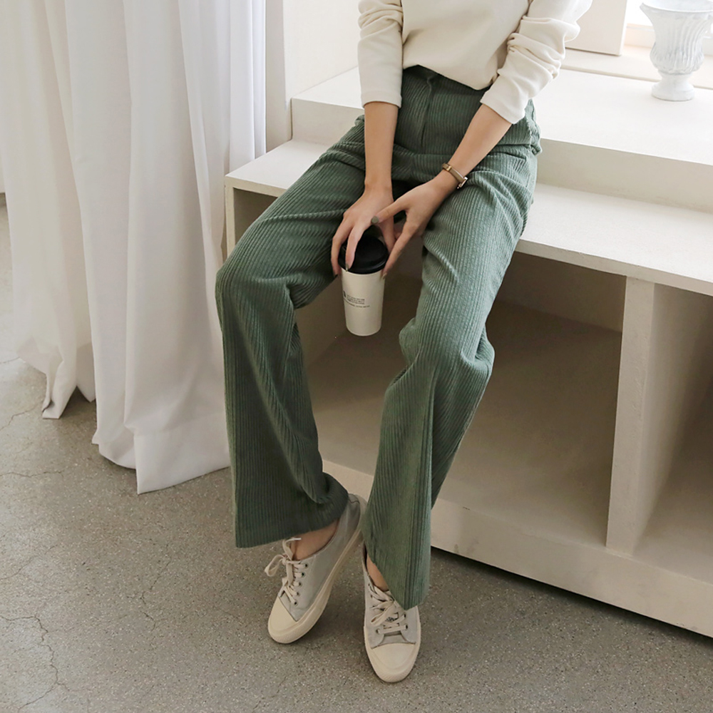 하이웨스트 코듀로이 팬츠 코튼 통바지 여성와이드슬랙스 세미 와이드팬츠 여자 가을 겨울바지 - 상세 이미지 2