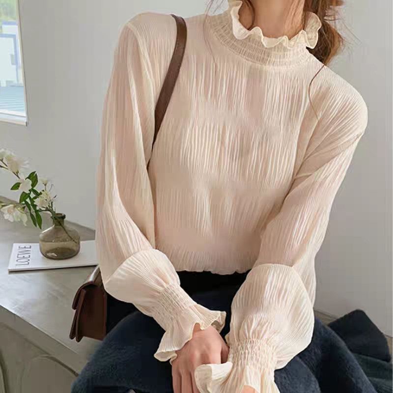 레이어드 프릴 목폴라 블라우스 여성 이너 주름 시폰 티셔츠 데일리 하이넥 블라우스 이미지 2