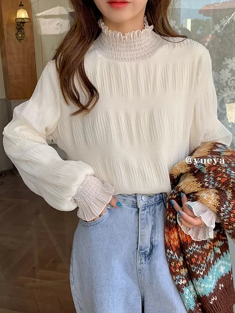 레이어드 프릴 목폴라 블라우스 여성 이너 주름 시폰 티셔츠 데일리 하이넥 블라우스 이미지 4