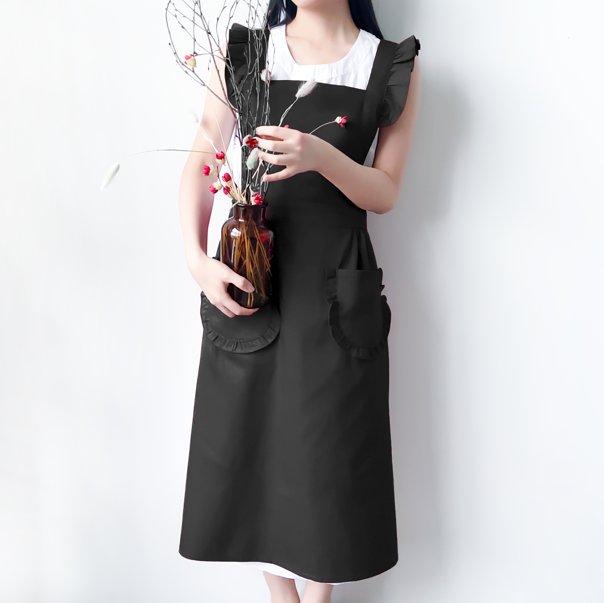 예쁜 원피스형 앞치마 카페 프릴 롱 공방 꽃집 어린이집 교사 가정용 미용 에이프런