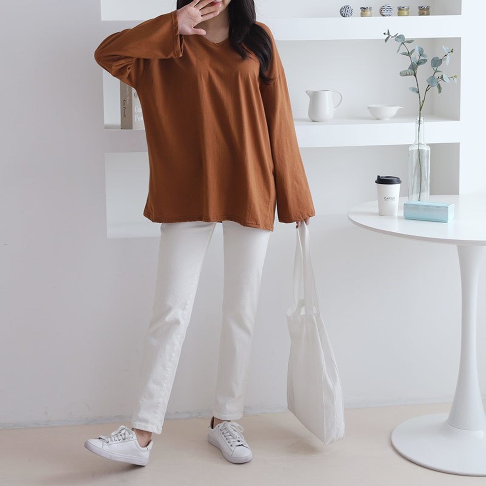 기본티 브이넥티 여성 가을 봄 무지 빅사이즈 이너 레이어드 긴팔 티셔츠 - 상세 이미지 2