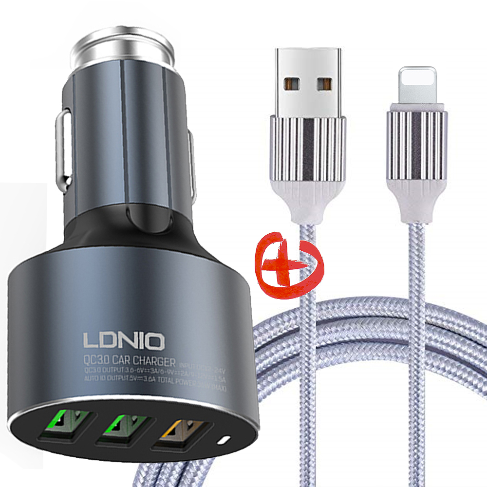 LDNIO C703Q 36W 3포트 시거잭 차량용 고속 충전기+8핀케이블