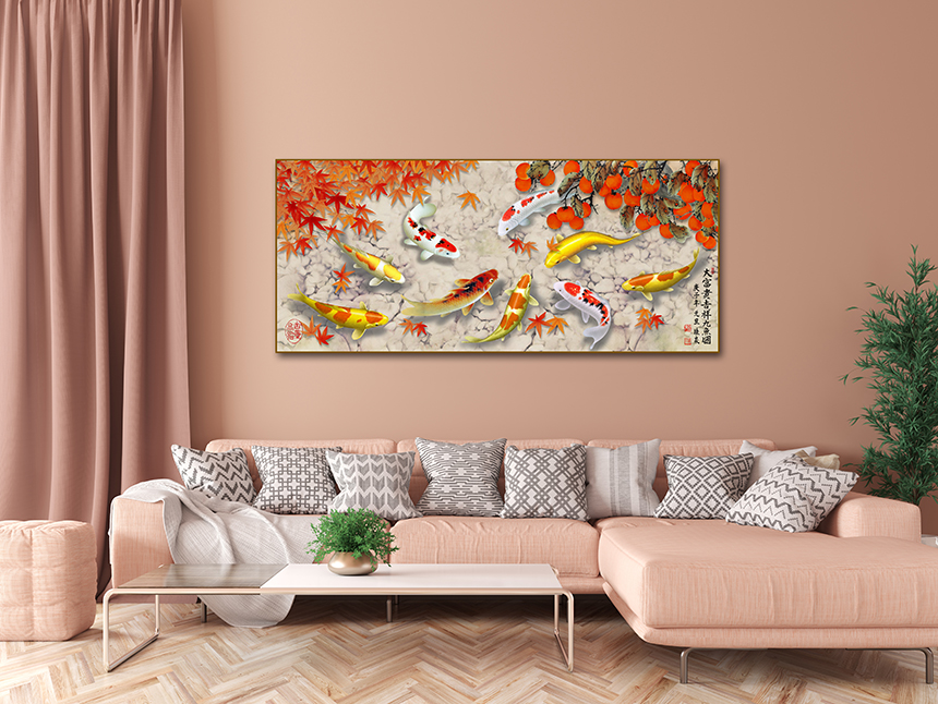 고려미술 돈 들어오는 그림 황금 비단 잉어 구어도 풍수 연꽃 그림 중형 95x43cm - 상세 이미지 5