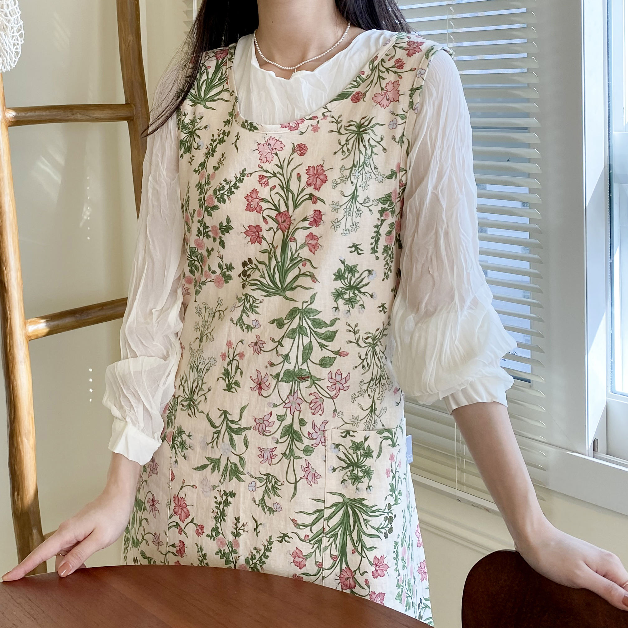 한스데이 플라워 롱 트임 앞치마 어린이집 유치원 원피스 에이프런 보라낙엽