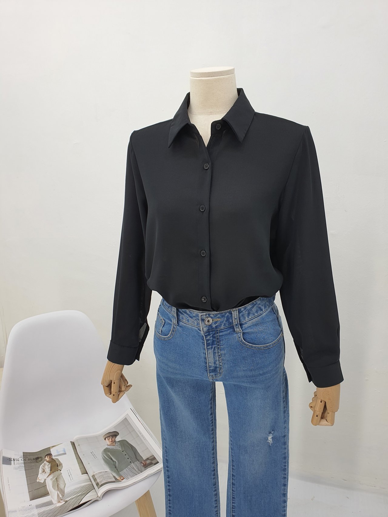 여자여자몰 가을정장블라우스 오피스룩 베이직상의 클래식 어깨벌룬 오픈 카라셔츠 - 상세 이미지 4