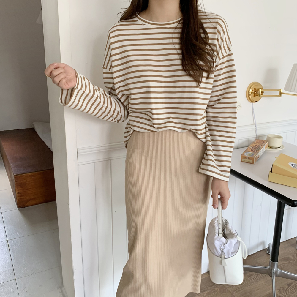 루즈핏 단가라 스트라이프 티셔츠 라운드 여성 가을 티셔츠 코튼 여자 긴팔티 - 상세 이미지 4