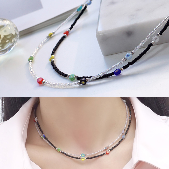 블랙 화이트 비즈 포인트 핸드메이드 목걸이 - 상품 이미지