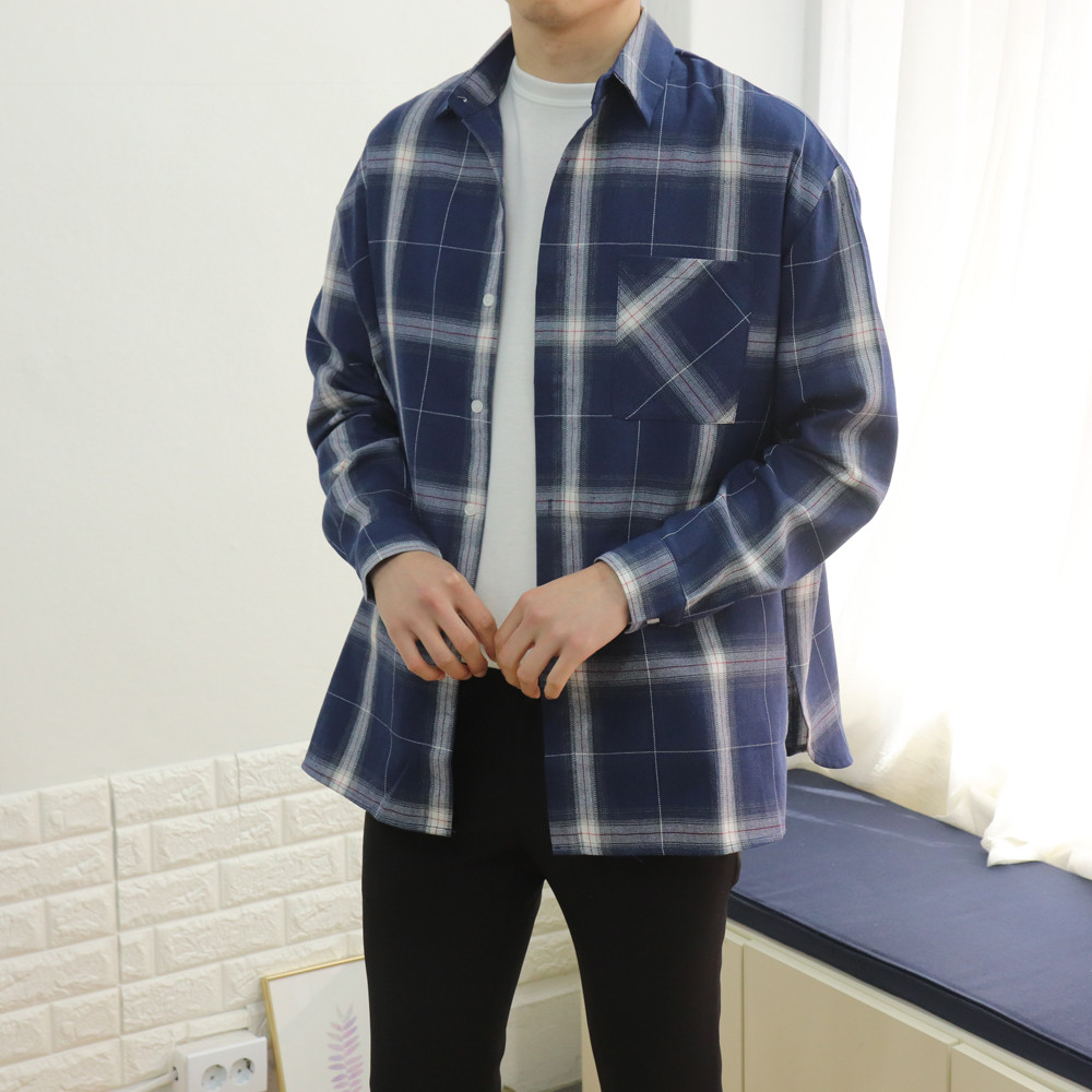 남자 체크셔츠 오버핏 커플 남방 남자 셔츠 - 상세 이미지 3