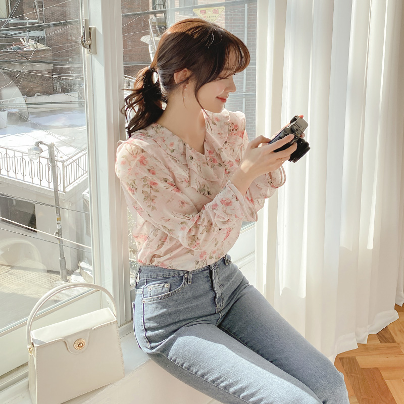 플라워 프린팅의 러플 V넥 쉬폰 블라우스 bs5720 - 상세 이미지 2