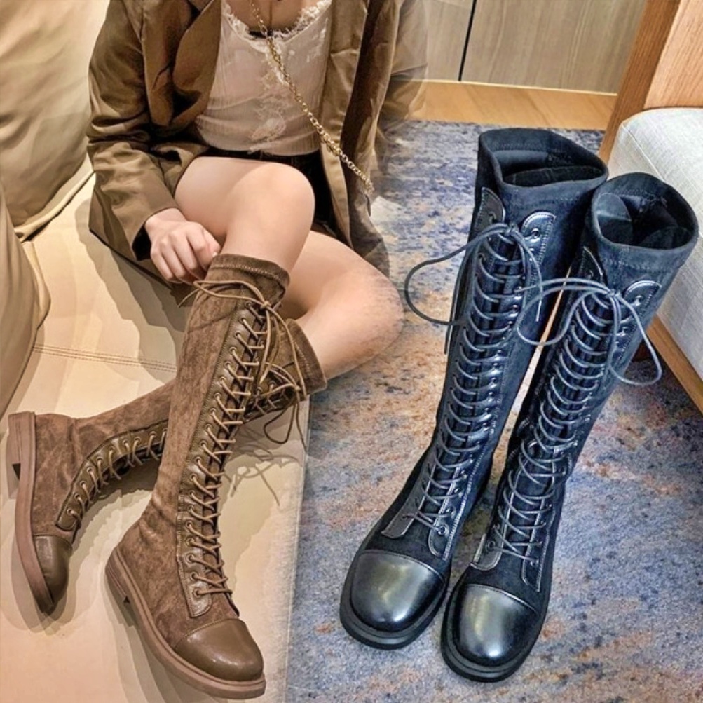 여성 워커 코디 스타일리쉬 롱 부츠 여자 가죽 워커 발 편한 레이스업 스웨이드 갈색