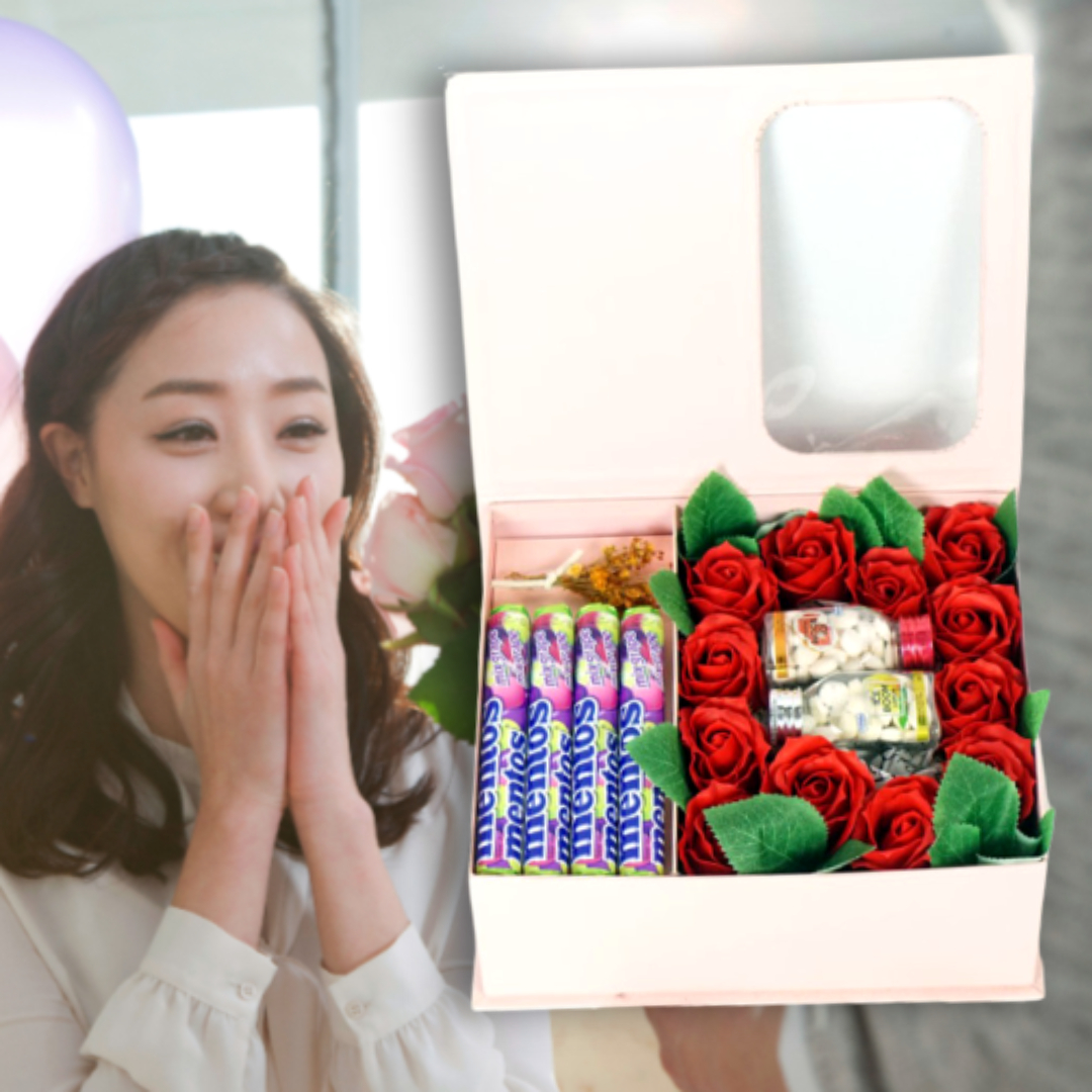 화이트데이 선물 세트 화이트데이 사탕 멘토스 아이스붐 캔디 보이는 윈도우 장미꽃 박스 - 메인 이미지