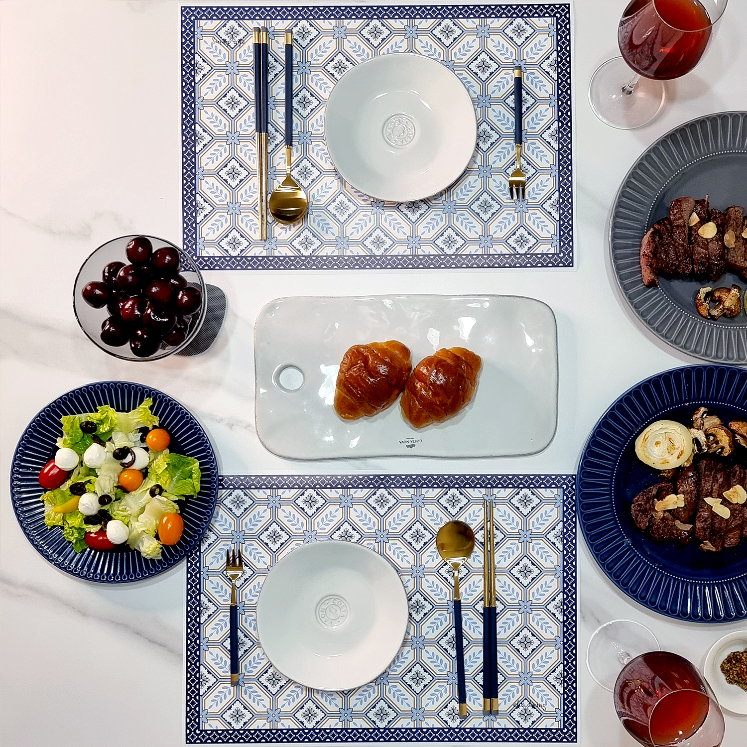 일회용 종이 식탁매트 10P 세트 블루 옐로우 패턴 엘라다이닝